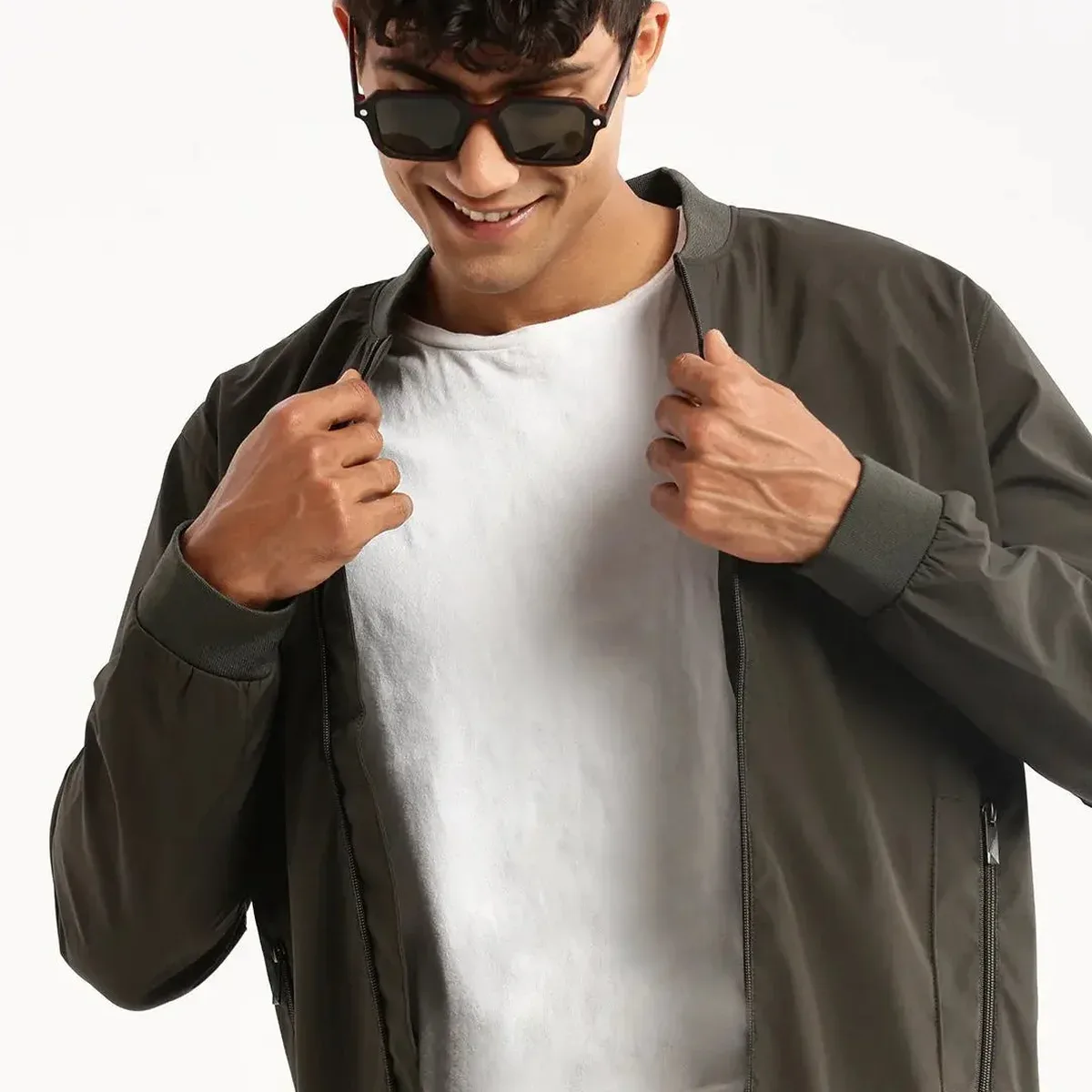 Men's Olive Mandarin Collar Bomber Jacket, photo 1 of 4