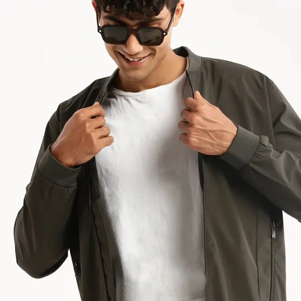 Men's Olive Mandarin Collar Bomber Jacket