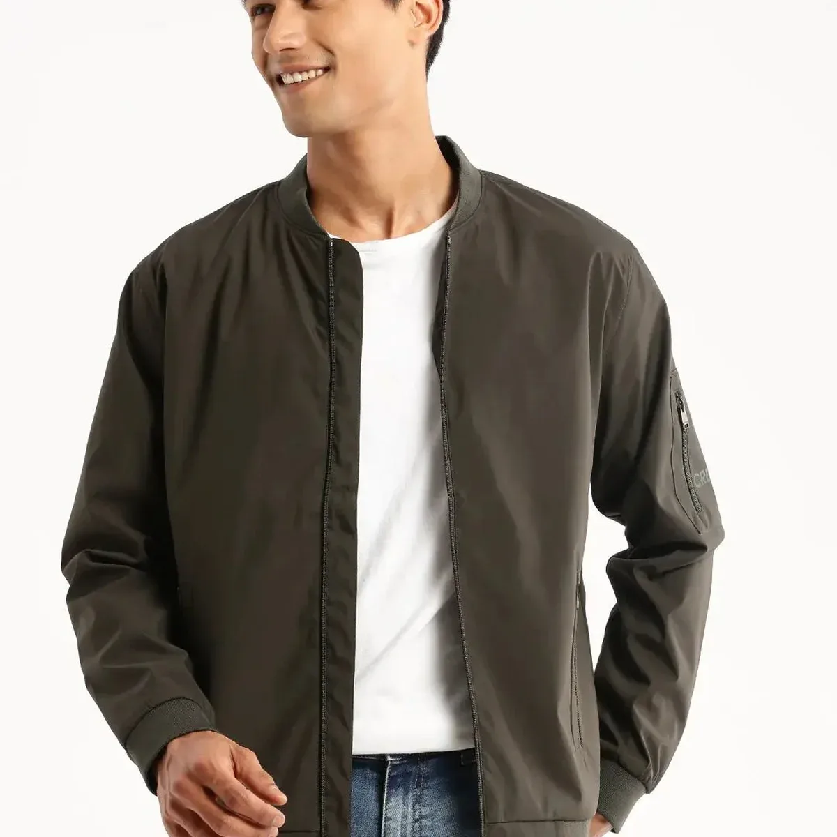 Men's Olive Mandarin Collar Bomber Jacket, photo 2 of 4