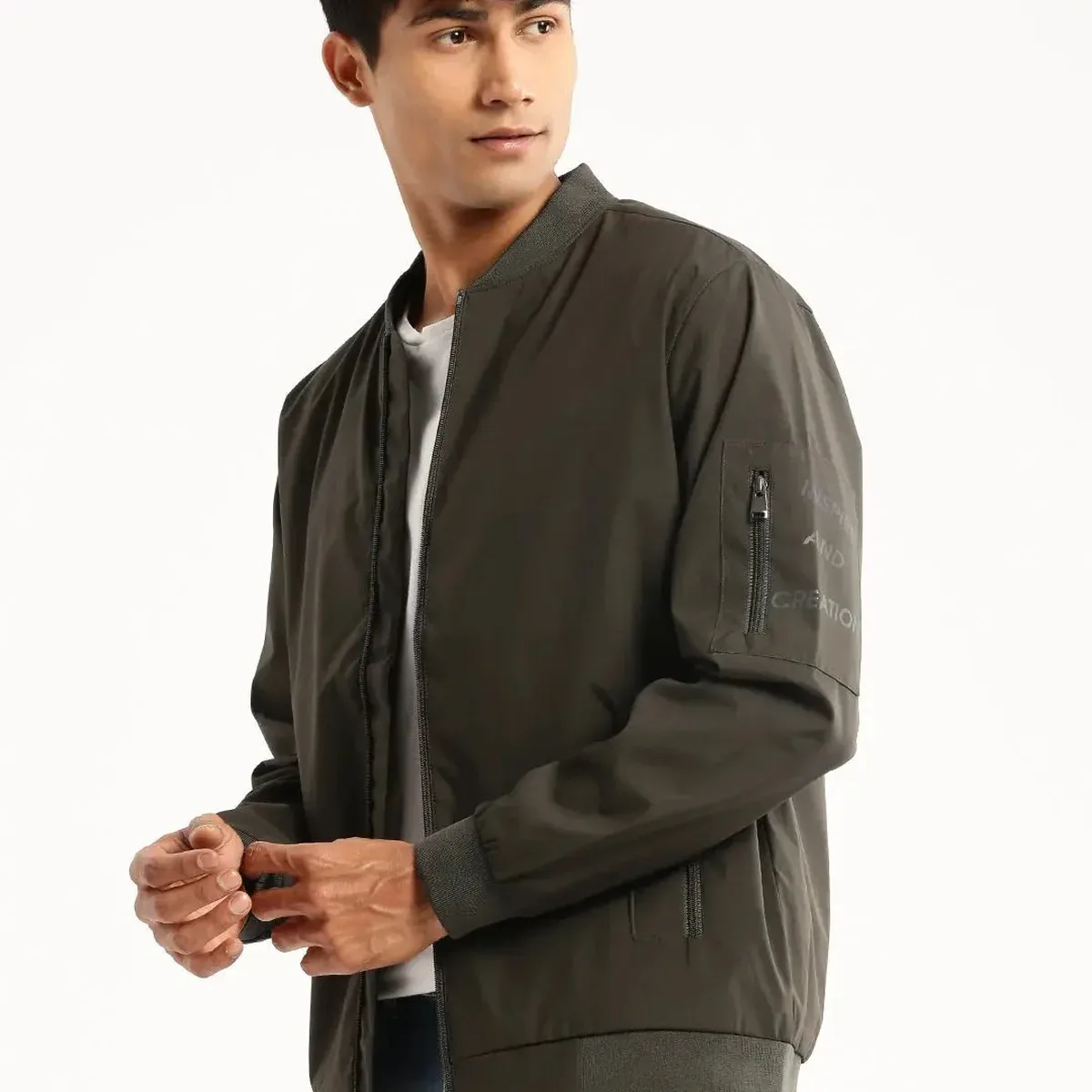 Men's Olive Mandarin Collar Bomber Jacket, photo 3 of 4