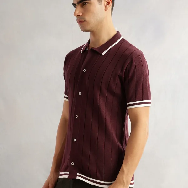 Maroon Regular Fit Short Sleeves Striped 100% Cotton Knitted Cardigan Sweater For Men