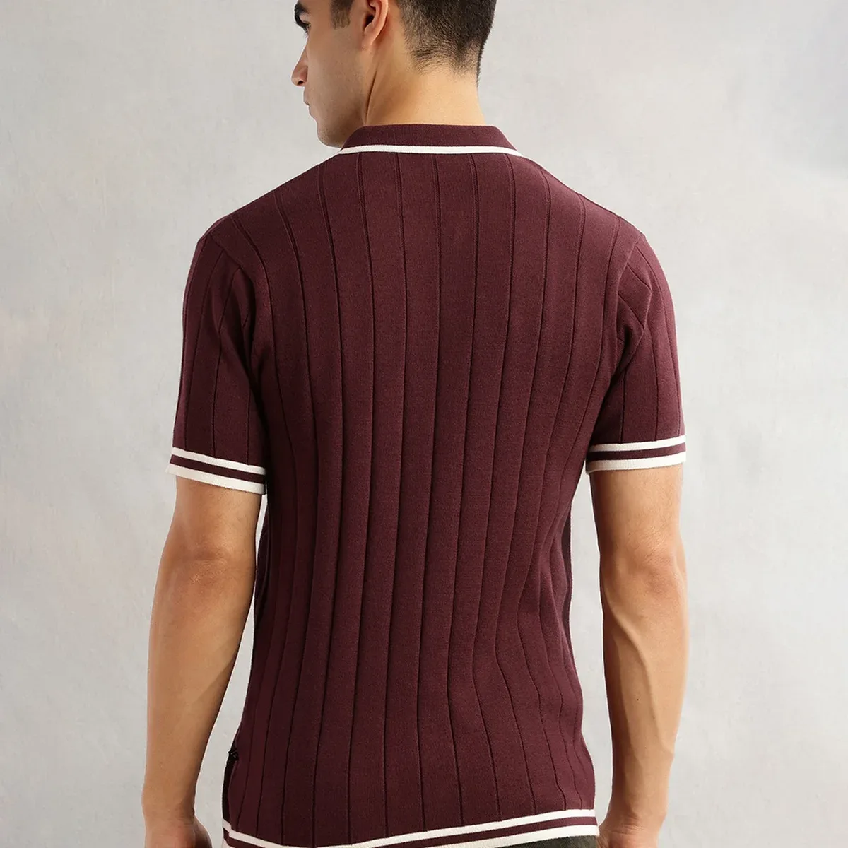 Maroon Regular Fit Short Sleeves Striped 100% Cotton Knitted Cardigan Sweater For Men, photo 2 of 4