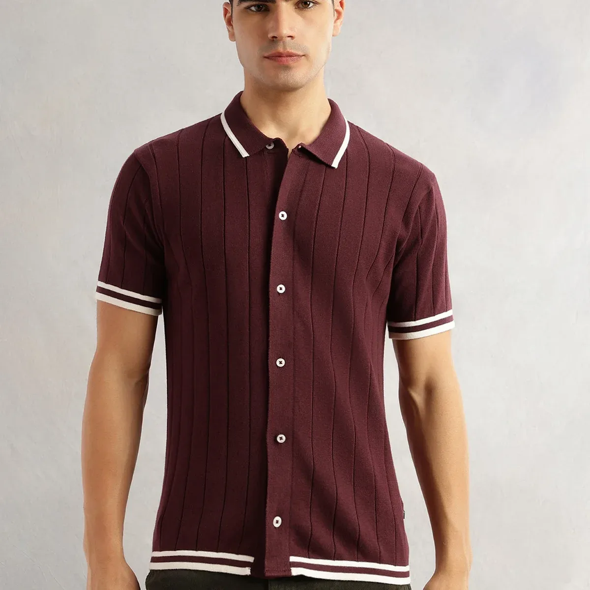 Maroon Regular Fit Short Sleeves Striped 100% Cotton Knitted Cardigan Sweater For Men, photo 3 of 4