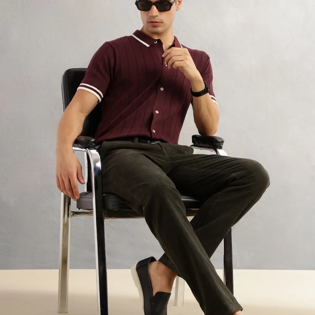 Maroon Regular Fit Short Sleeves Striped 100% Cotton Knitted Cardigan Sweater For Men, photo 4 of 4