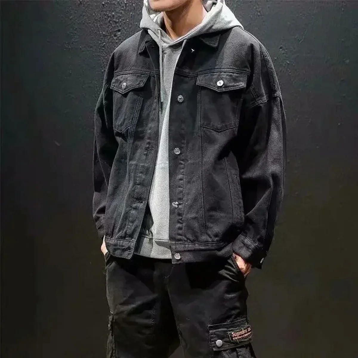 Men's Denim Jacket Autumn Male Jean Coats Black Cargo Big Size Menswear Korea High Quality Trendy Large Fast D, photo 1 of 4
