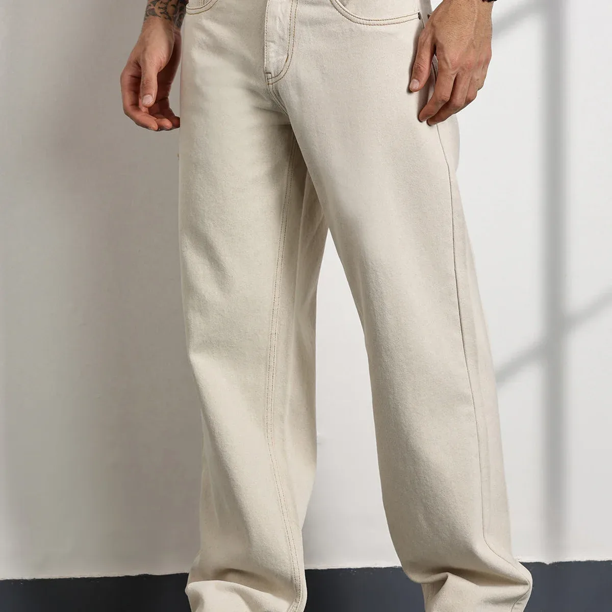 Beige Mid-Rise Non Stretchable Baggy Jeans For Men, photo 1 of 4