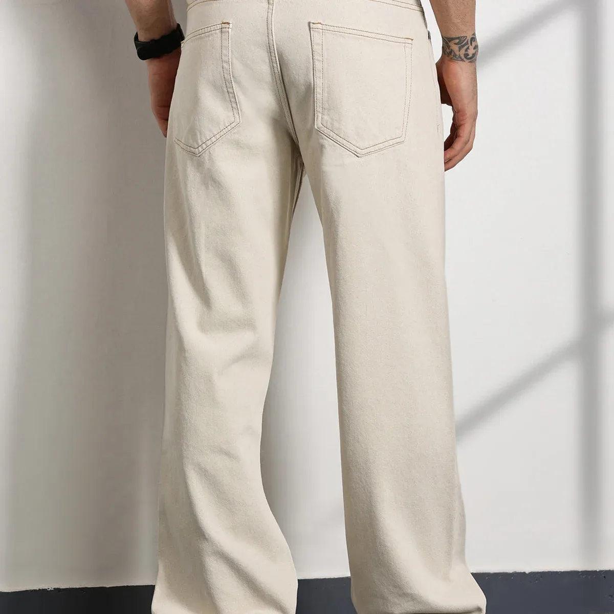 Beige Mid-Rise Non Stretchable Baggy Jeans For Men, photo 2 of 4