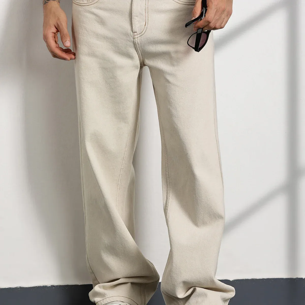 Beige Mid-Rise Non Stretchable Baggy Jeans For Men, photo 3 of 4
