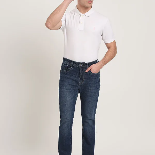 Mid Indigo Blue Washed Straight Fit Jeans