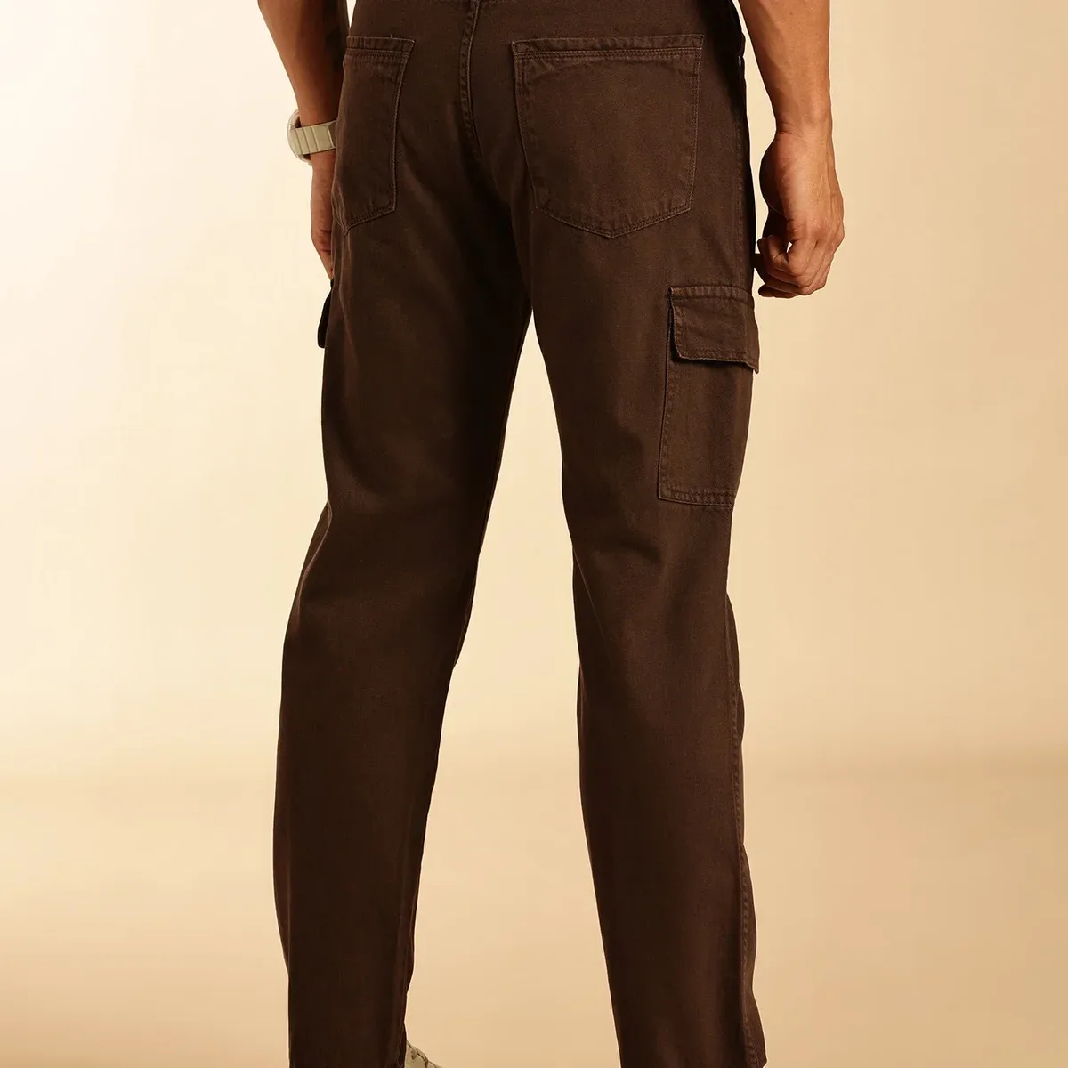 Coffee Loose Fit Mid-Rise Non Stretchable Cargo Jeans For Men, photo 2 of 4