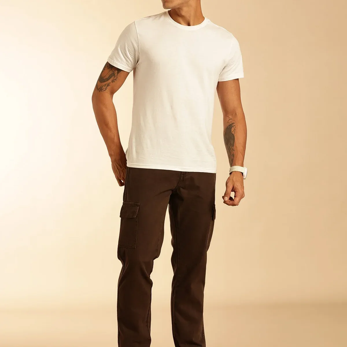 Coffee Loose Fit Mid-Rise Non Stretchable Cargo Jeans For Men, photo 4 of 4