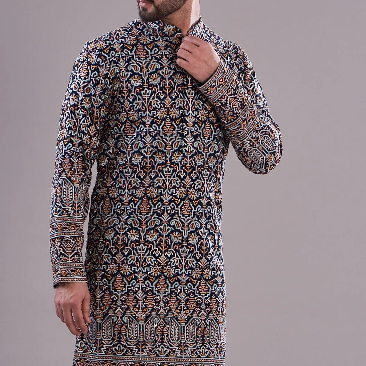Navy multi embrodried kurta, photo 2 of 4