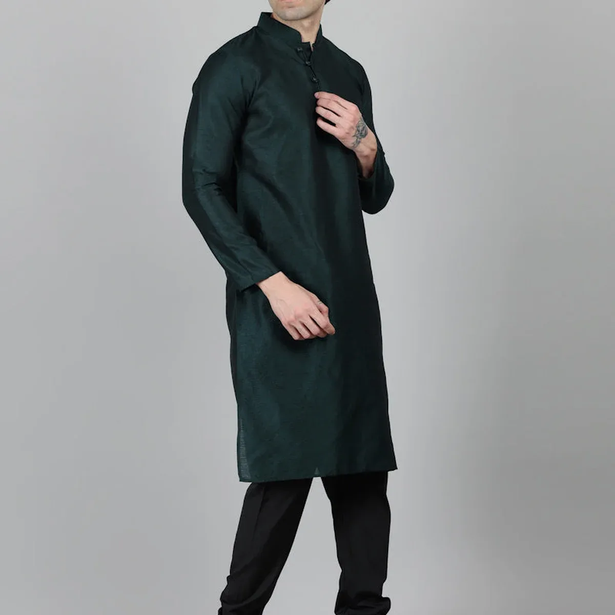 Men's Bottle Green Kurta Payjama Set, photo 2 of 4