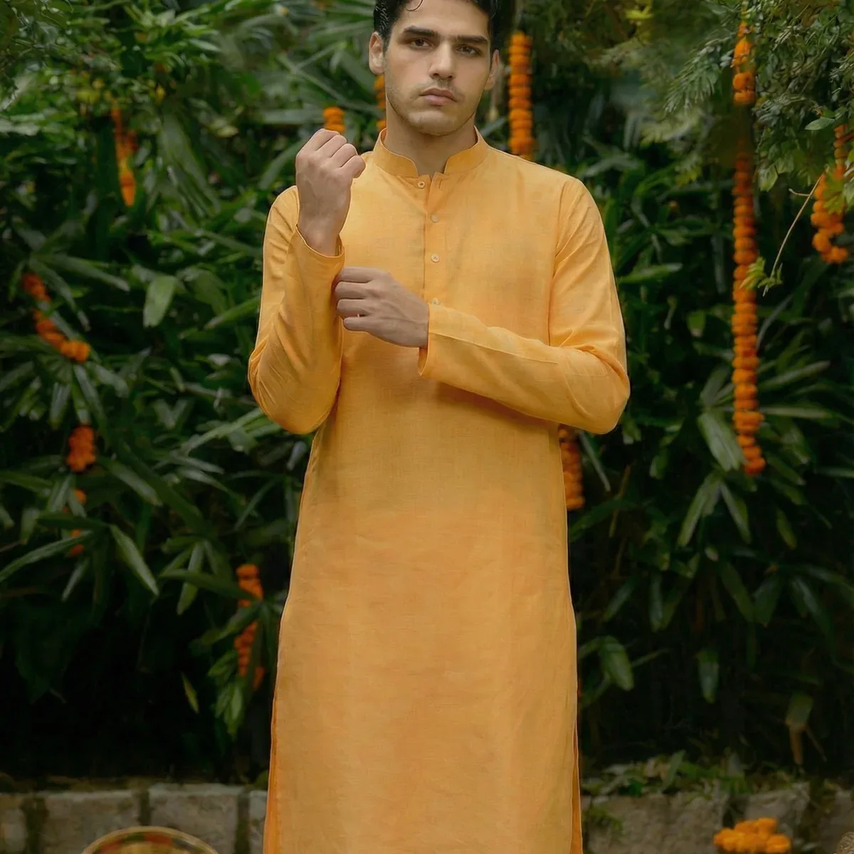 Yellow Silk Blend Solid Long Kurta, photo 1 of 4