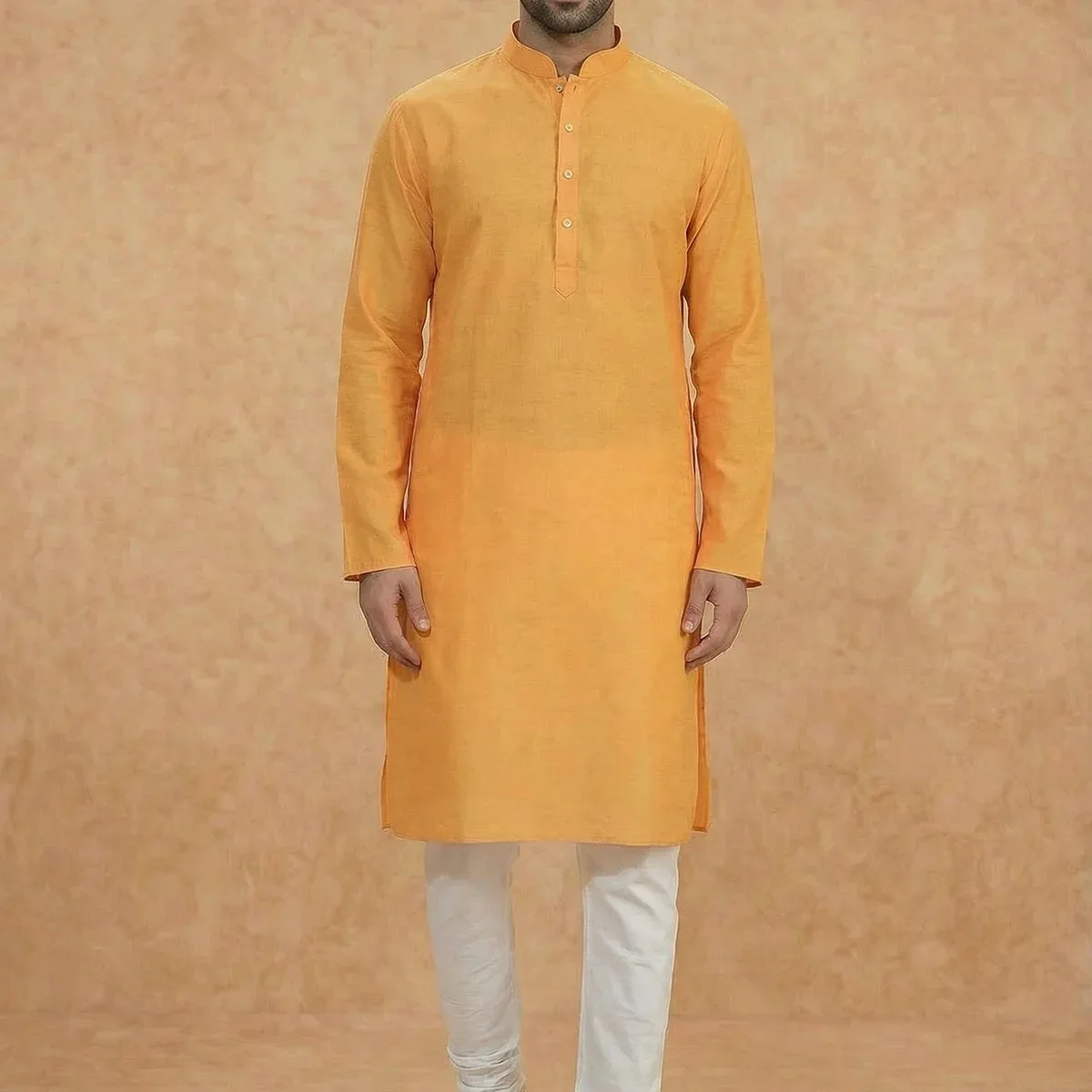 Yellow Silk Blend Solid Long Kurta, photo 2 of 4