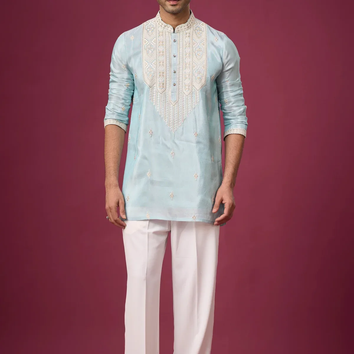 Serene Aqua Heritage Embroidered Kurta Set, photo 1 of 4