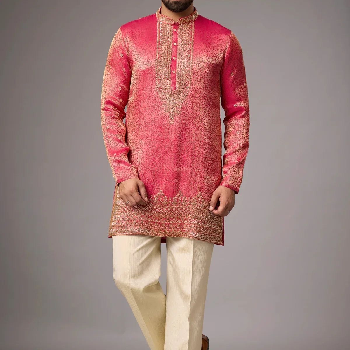 Coral Pink Regal Brocade Kurta Set, photo 1 of 4