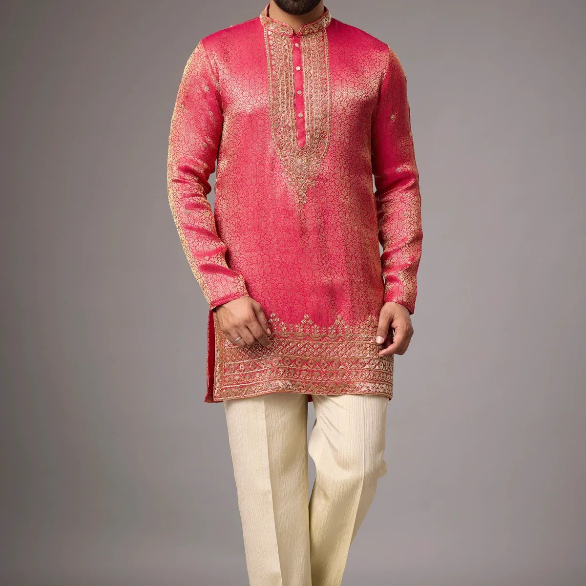 Coral Pink Regal Brocade Kurta Set, photo 2 of 4
