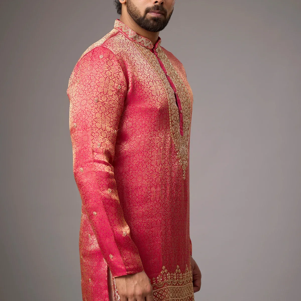 Coral Pink Regal Brocade Kurta Set, photo 3 of 4