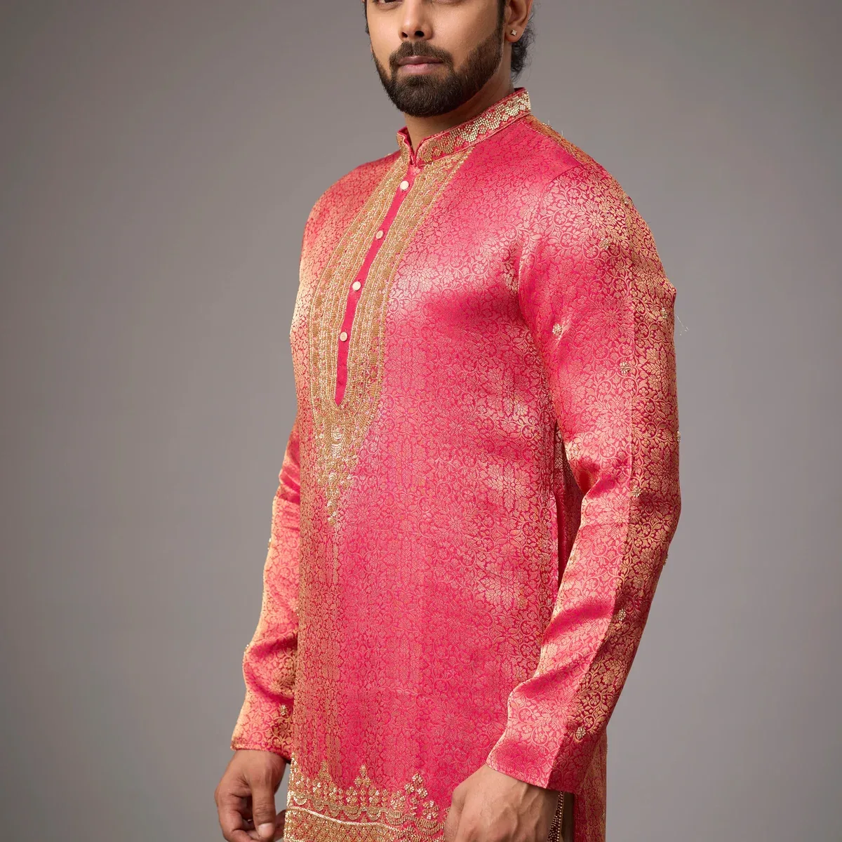 Coral Pink Regal Brocade Kurta Set, photo 4 of 4