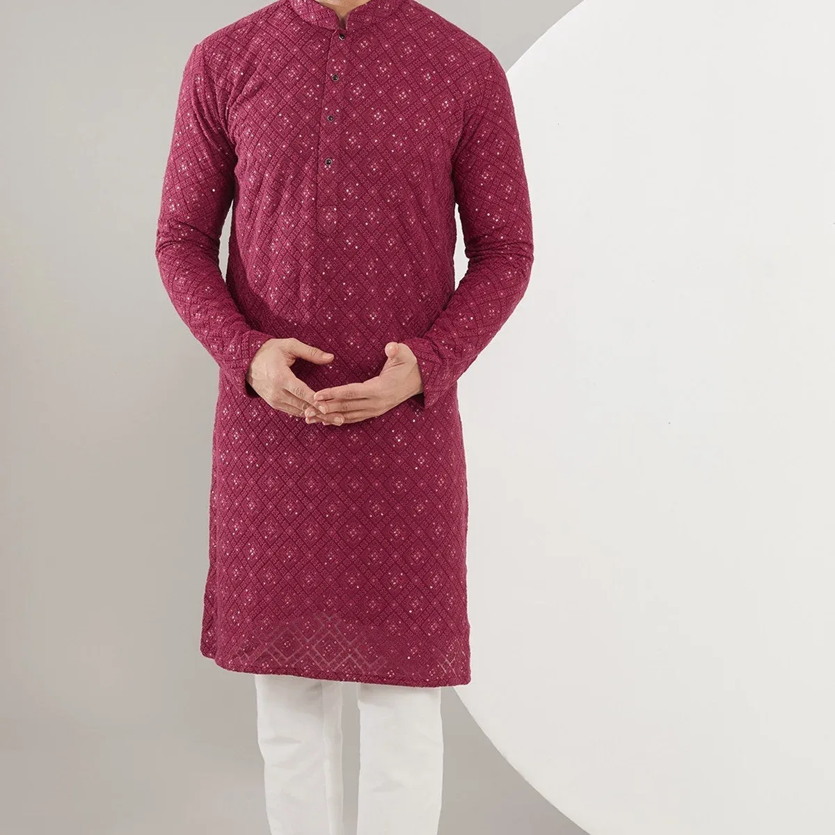 Maroon Chikankari Kurta with heavy thread and sequined embroidery, photo 1 of 4