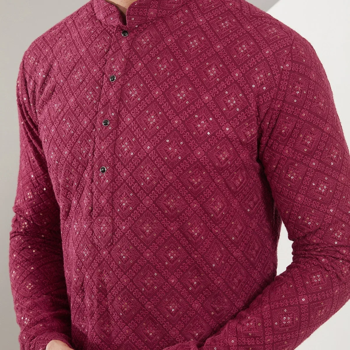 Maroon Chikankari Kurta with heavy thread and sequined embroidery, photo 2 of 4