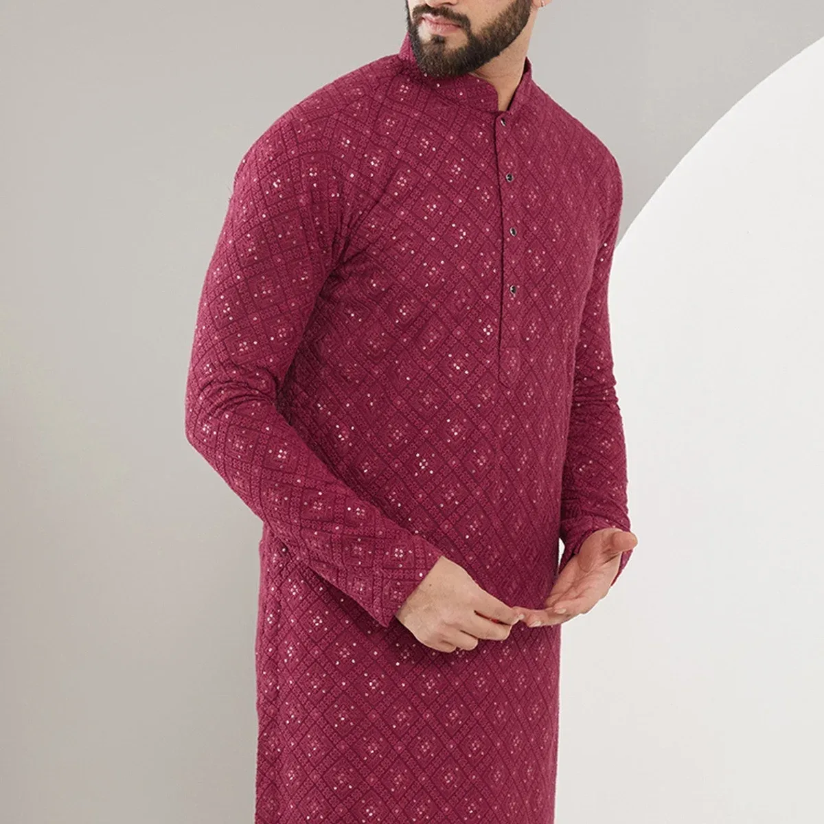 Maroon Chikankari Kurta with heavy thread and sequined embroidery, photo 3 of 4