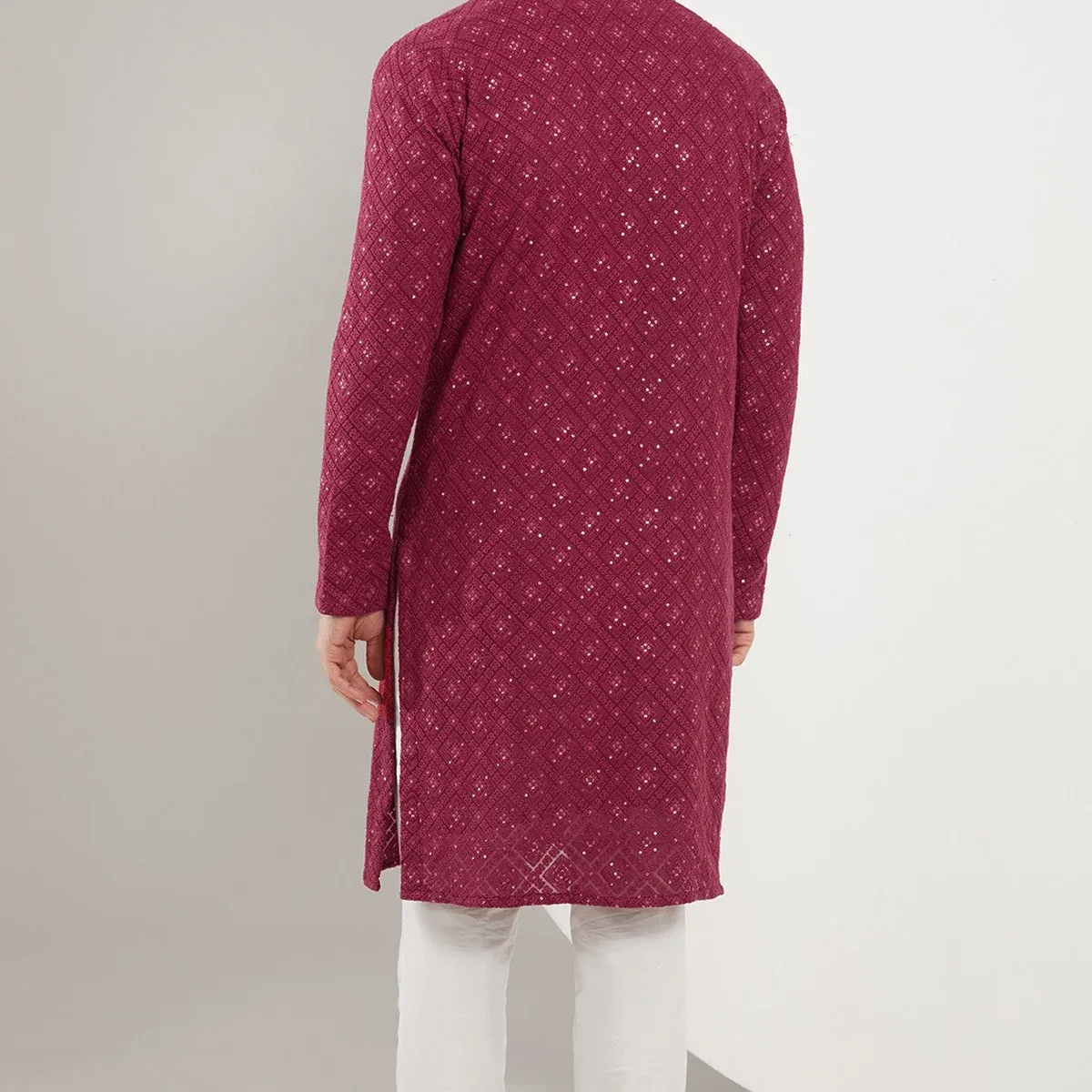 Maroon Chikankari Kurta with heavy thread and sequined embroidery, photo 4 of 4