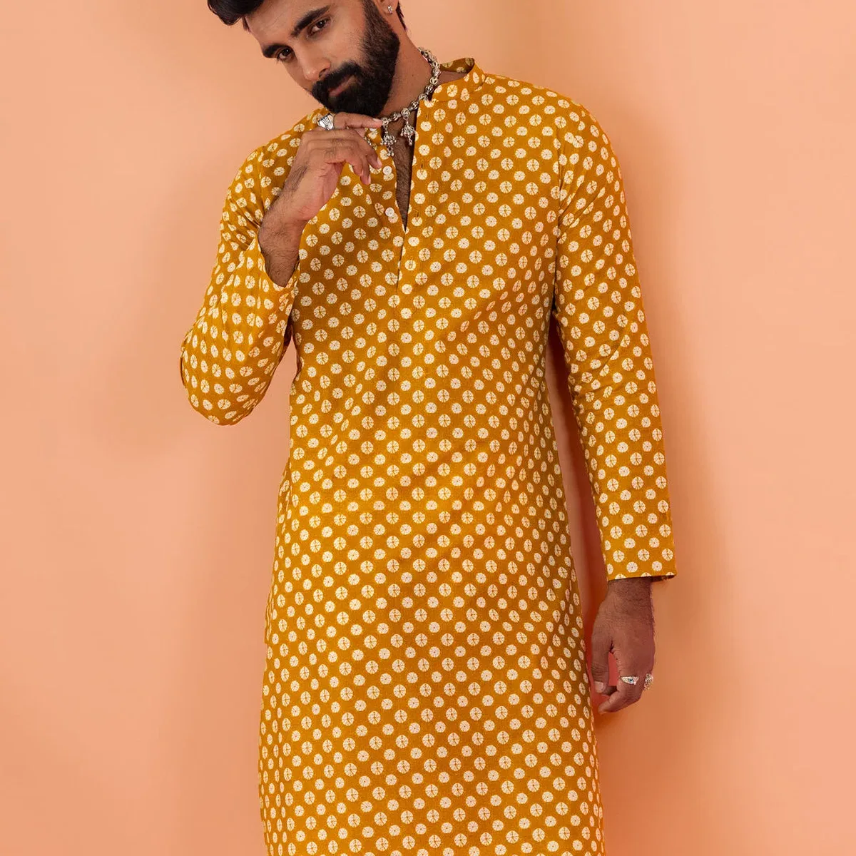 Men Mustard Tie & Dye Printed Kurta, photo 1 of 4