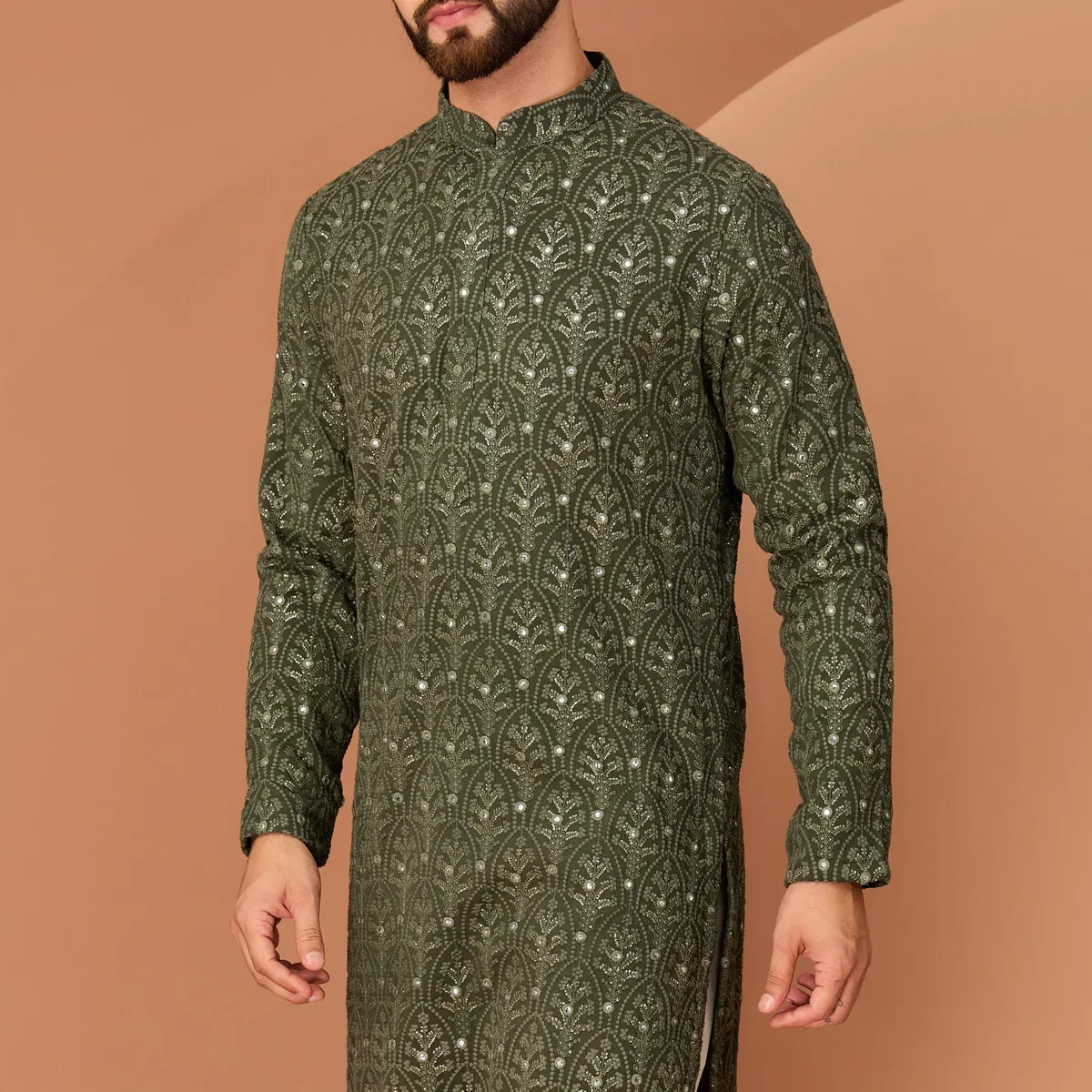 Military green chikankari kurta, photo 1 of 4