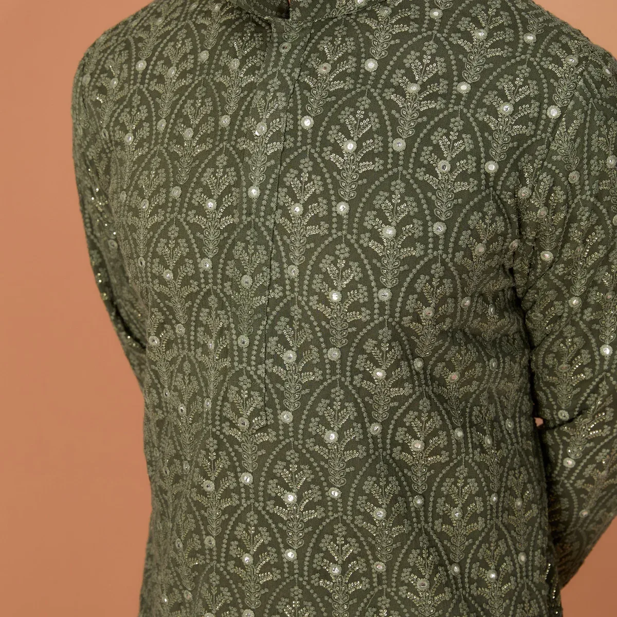 Military green chikankari kurta, photo 2 of 4