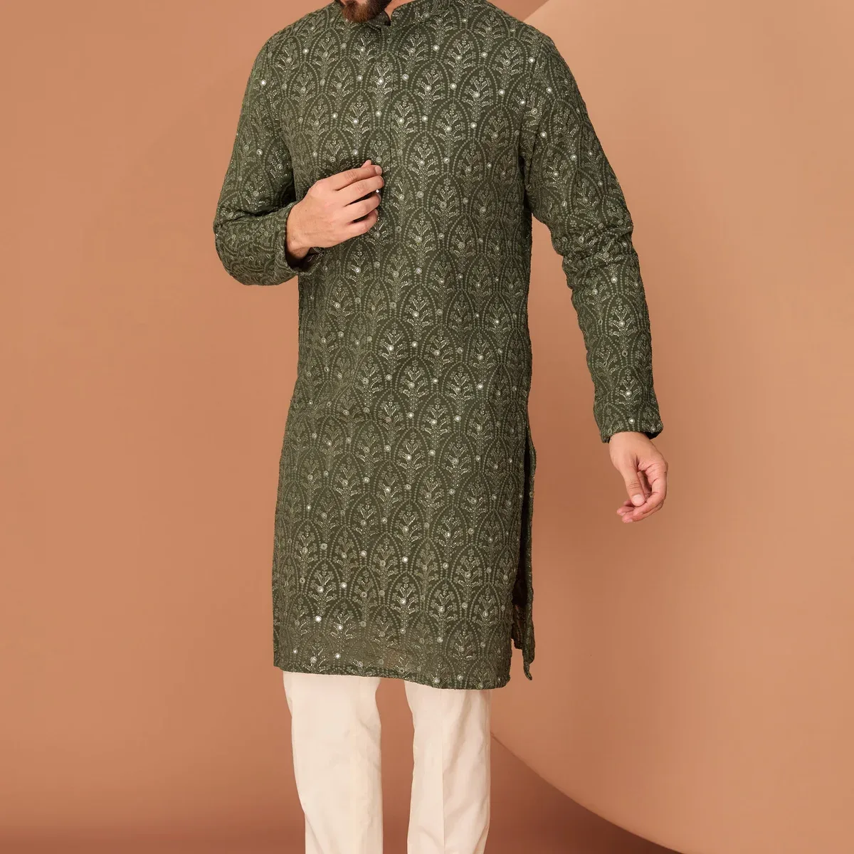 Military green chikankari kurta, photo 3 of 4