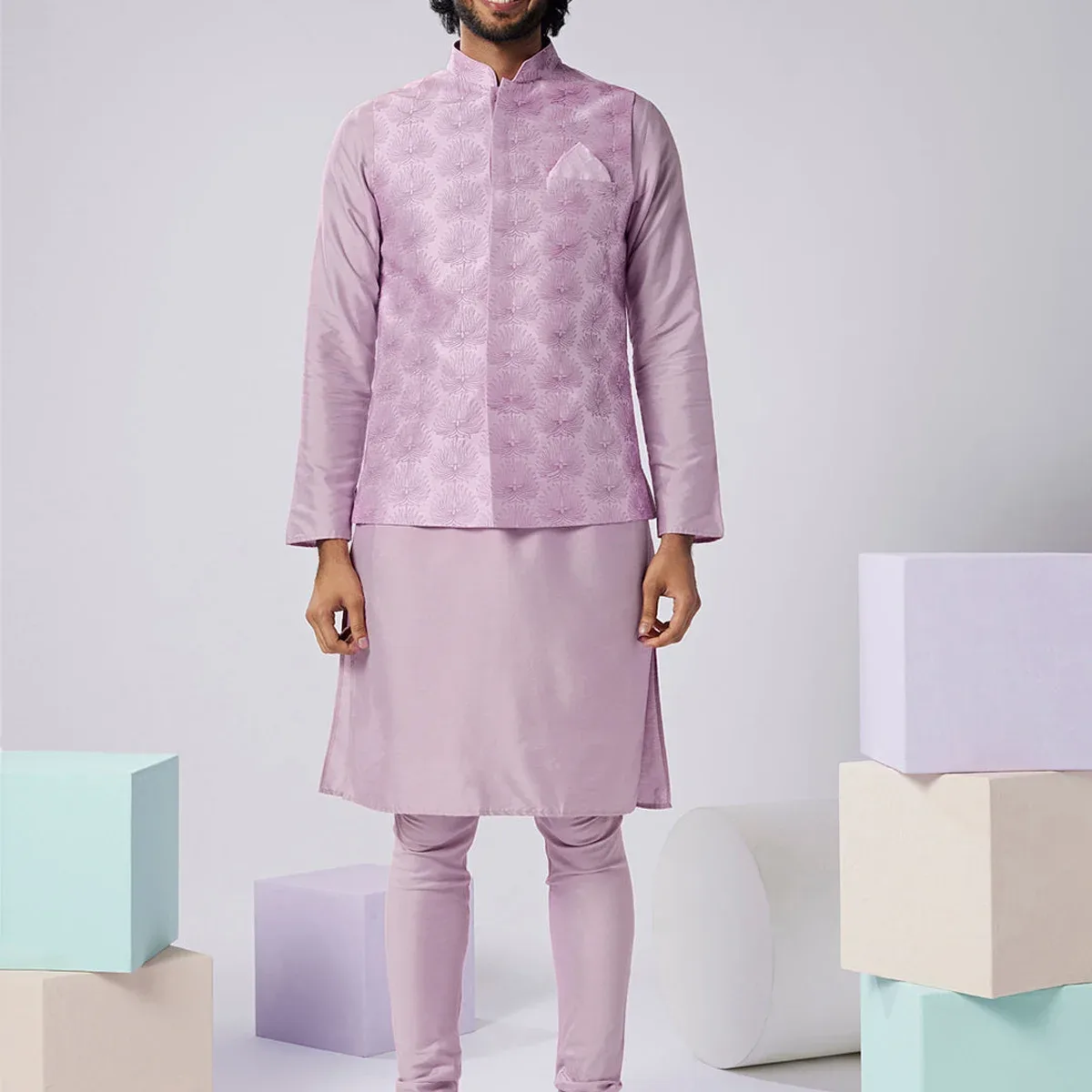 Lavender Silk Blend Textured Nehru Jacket Kurta Set, photo 1 of 4