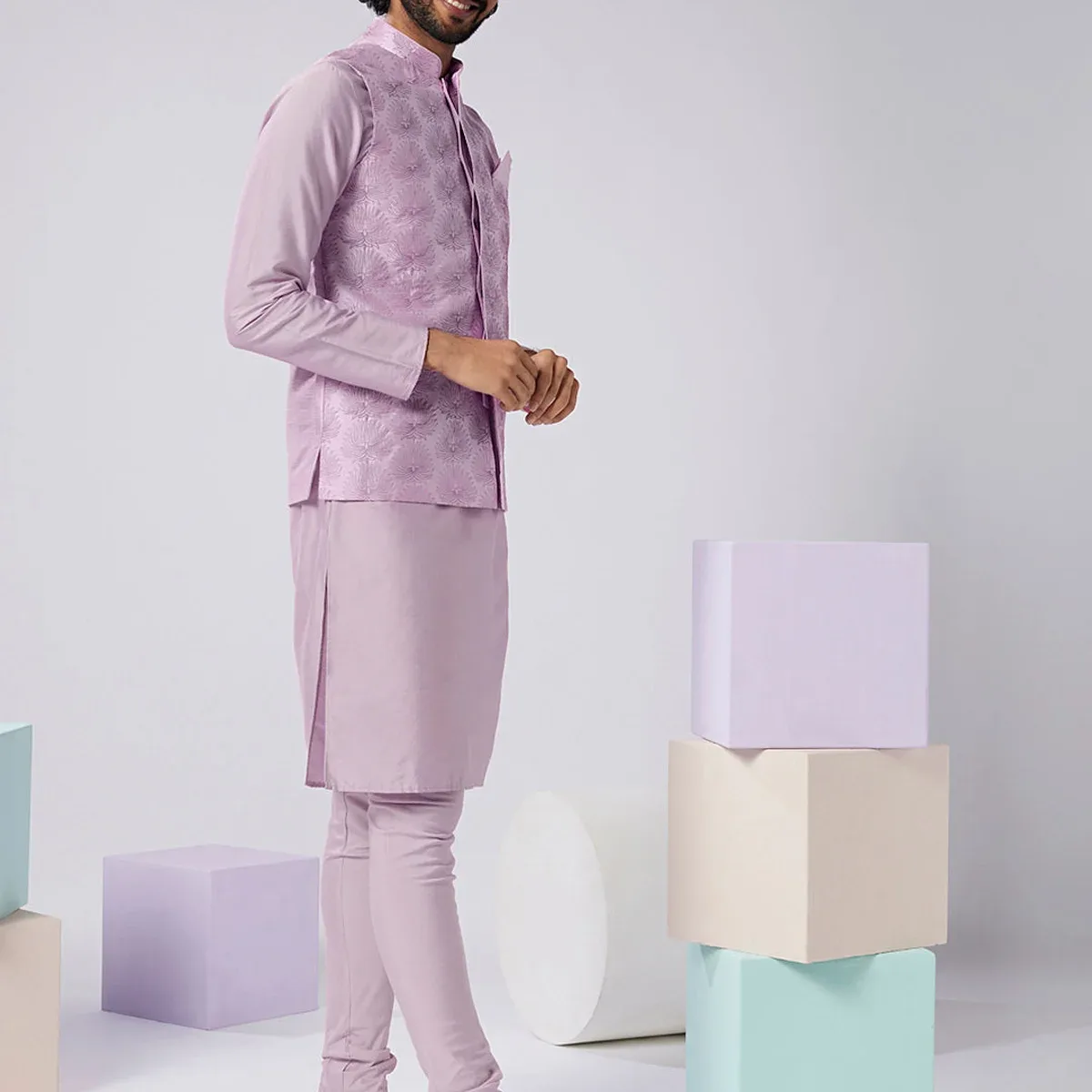 Lavender Silk Blend Textured Nehru Jacket Kurta Set, photo 2 of 4