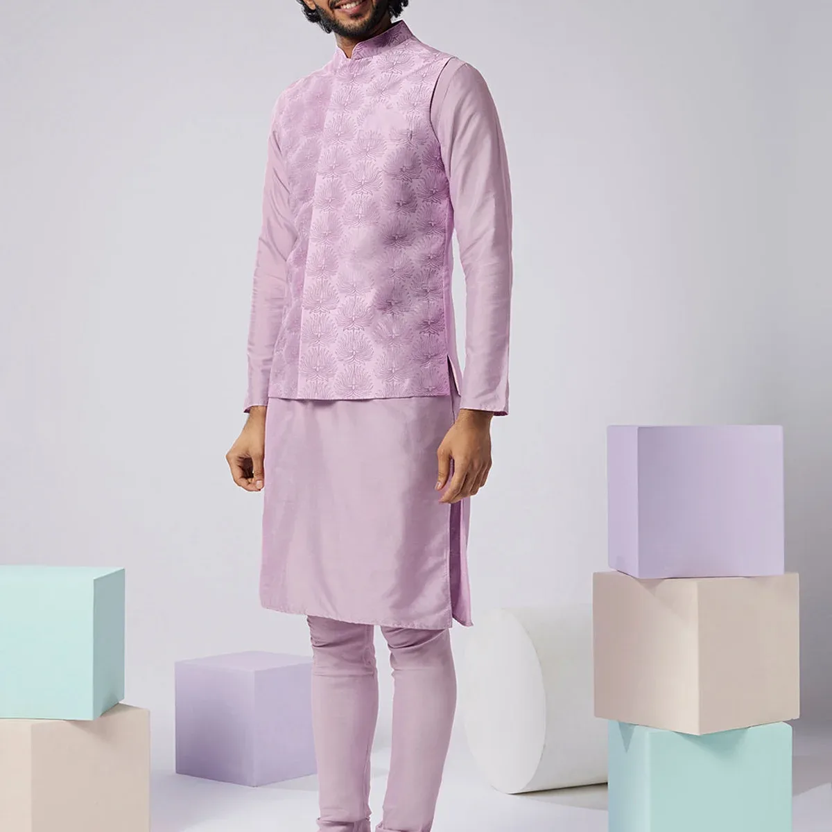 Lavender Silk Blend Textured Nehru Jacket Kurta Set, photo 3 of 4