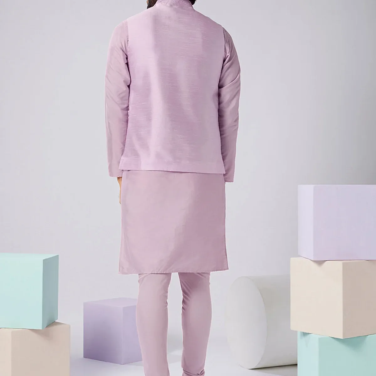 Lavender Silk Blend Textured Nehru Jacket Kurta Set, photo 4 of 4