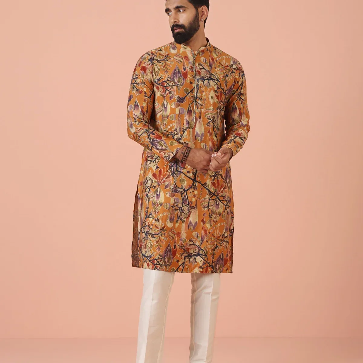 Mustard Printed Kurta Trouser Set, photo 1 of 4