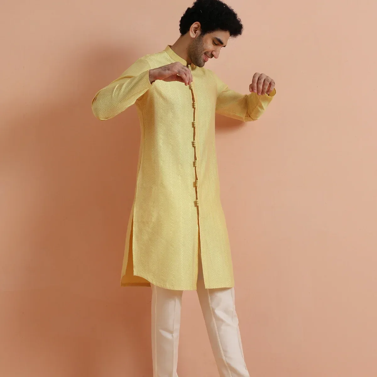 Yellow Jacquard Woven Kurta, photo 2 of 4