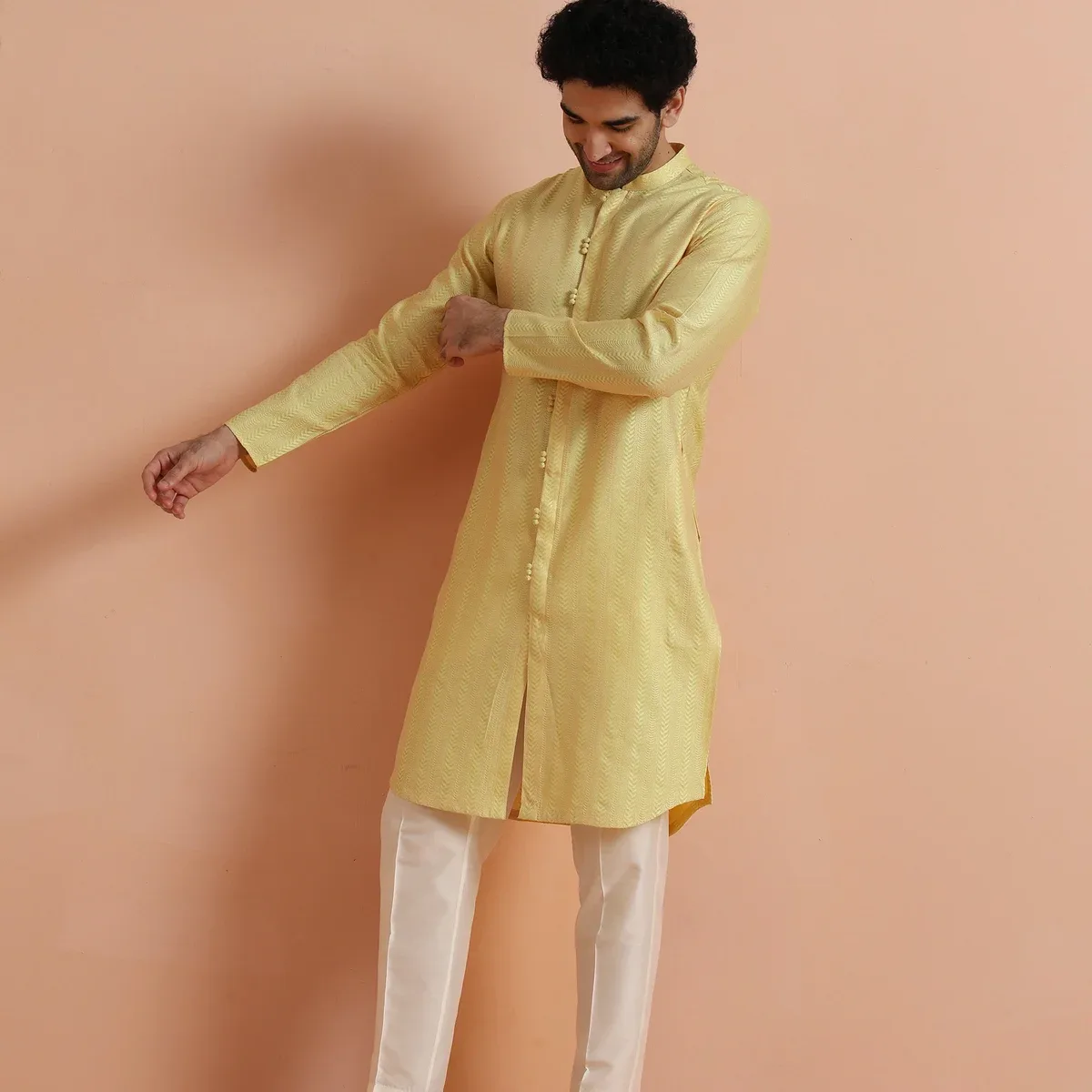 Yellow Jacquard Woven Kurta, photo 3 of 4