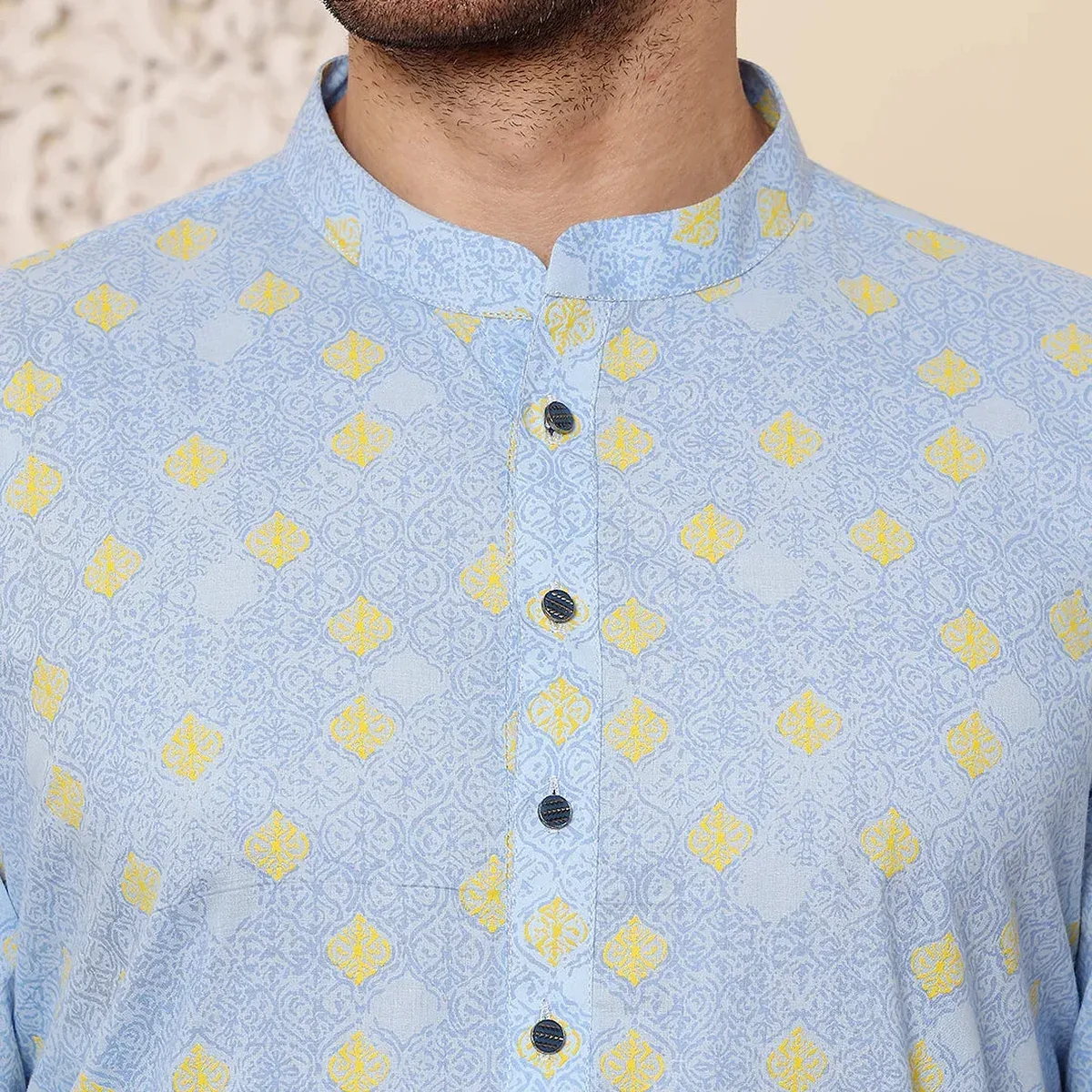Men's Long Sleeve Mandarin Collar Elegant Blue Printed Straight Cotton Kurta, photo 3 of 4