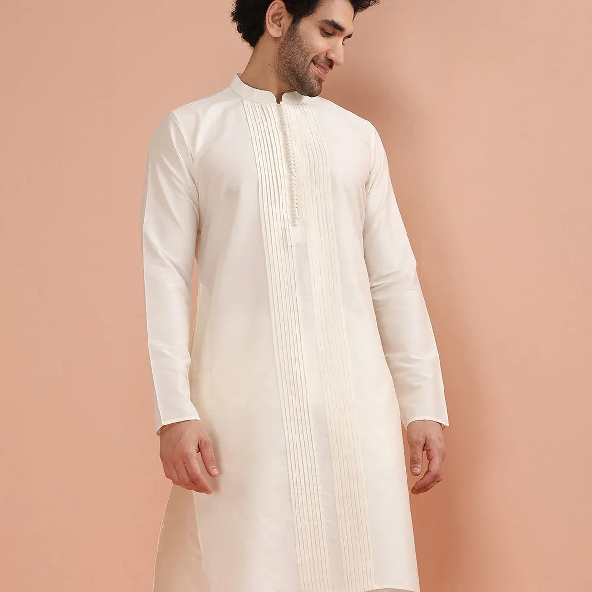 Cream Silk Blend Pintuck Solid Kurta, photo 1 of 4