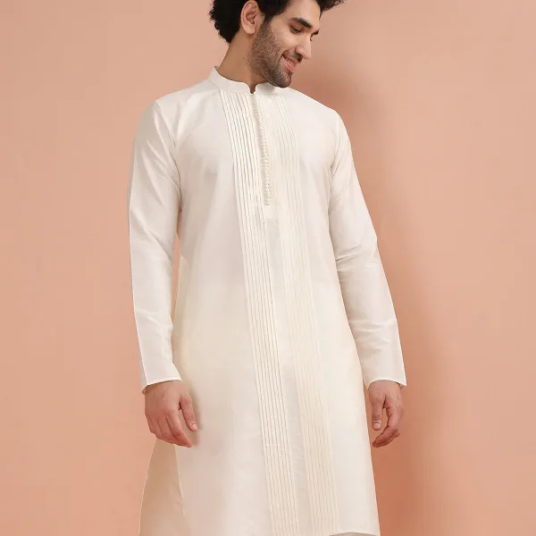 Cream Silk Blend Pintuck Solid Kurta