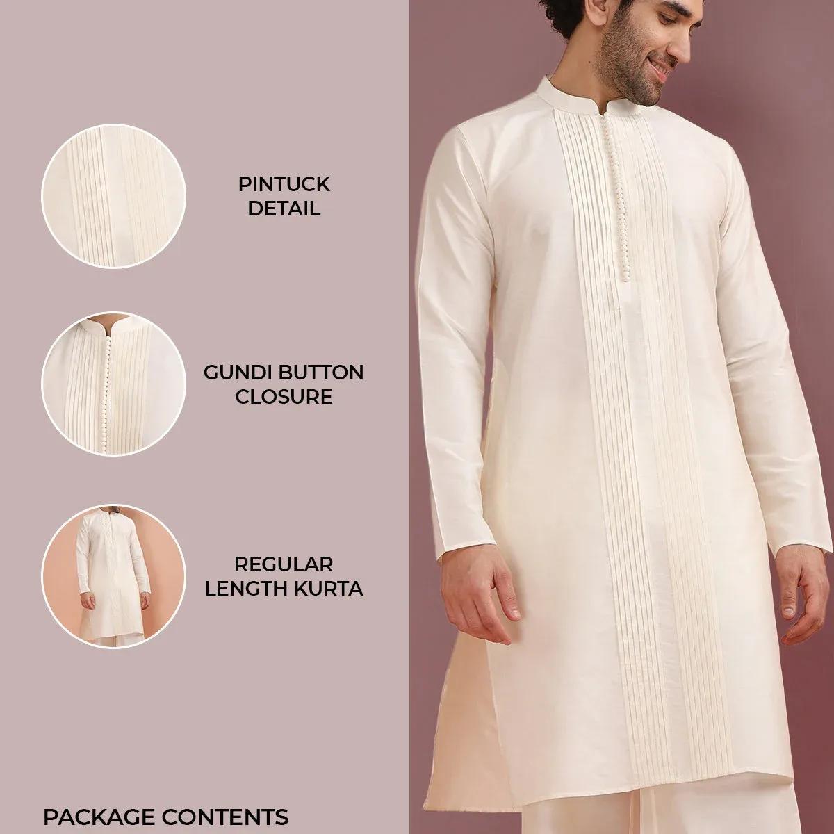 Cream Silk Blend Pintuck Solid Kurta, photo 2 of 4