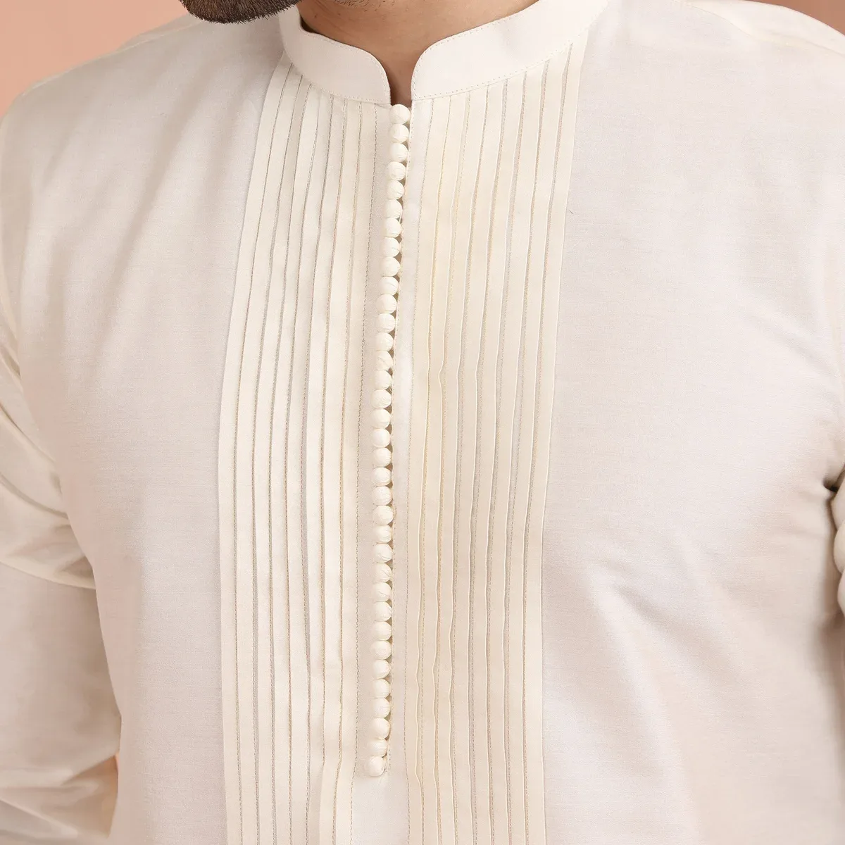 Cream Silk Blend Pintuck Solid Kurta, photo 3 of 4