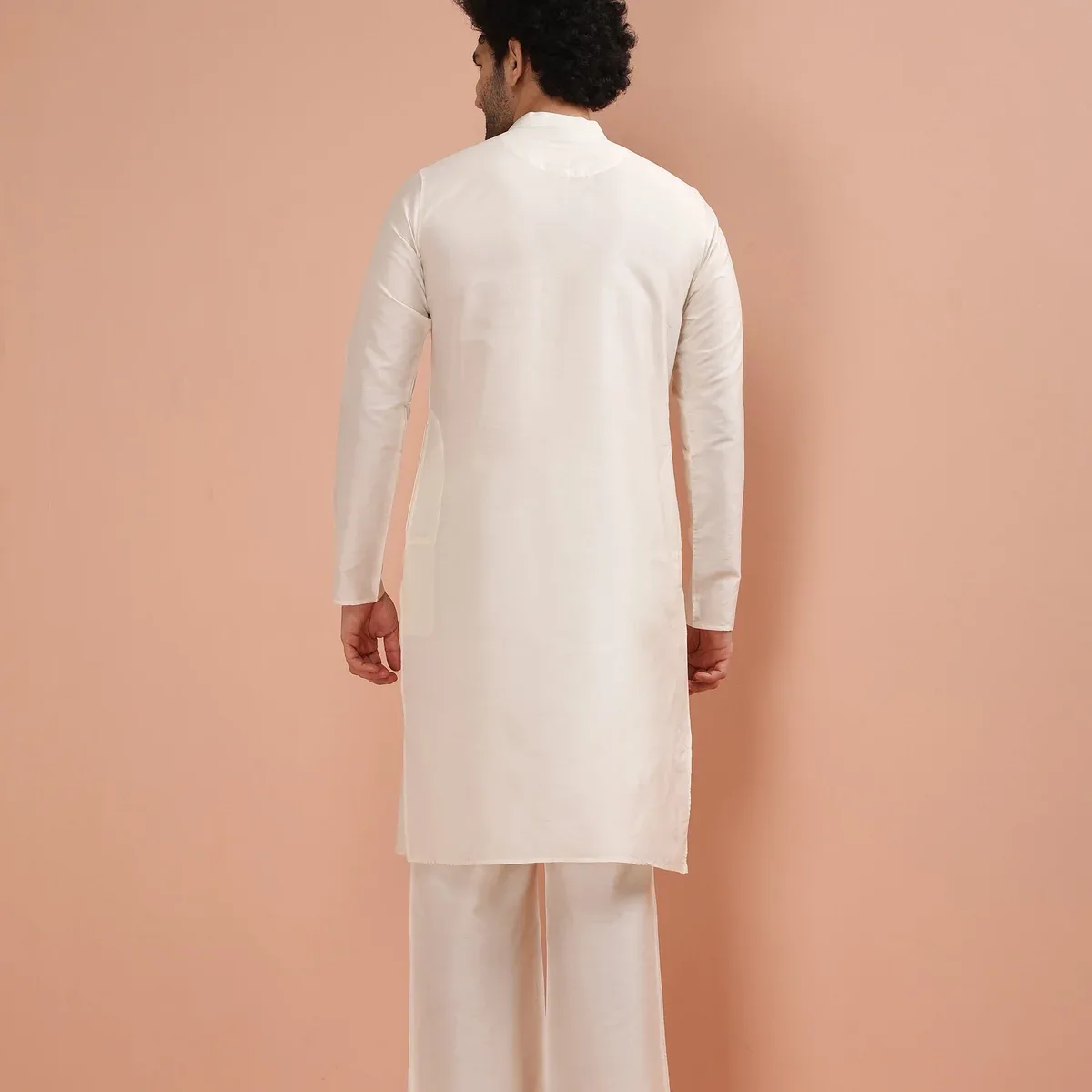 Cream Silk Blend Pintuck Solid Kurta, photo 4 of 4