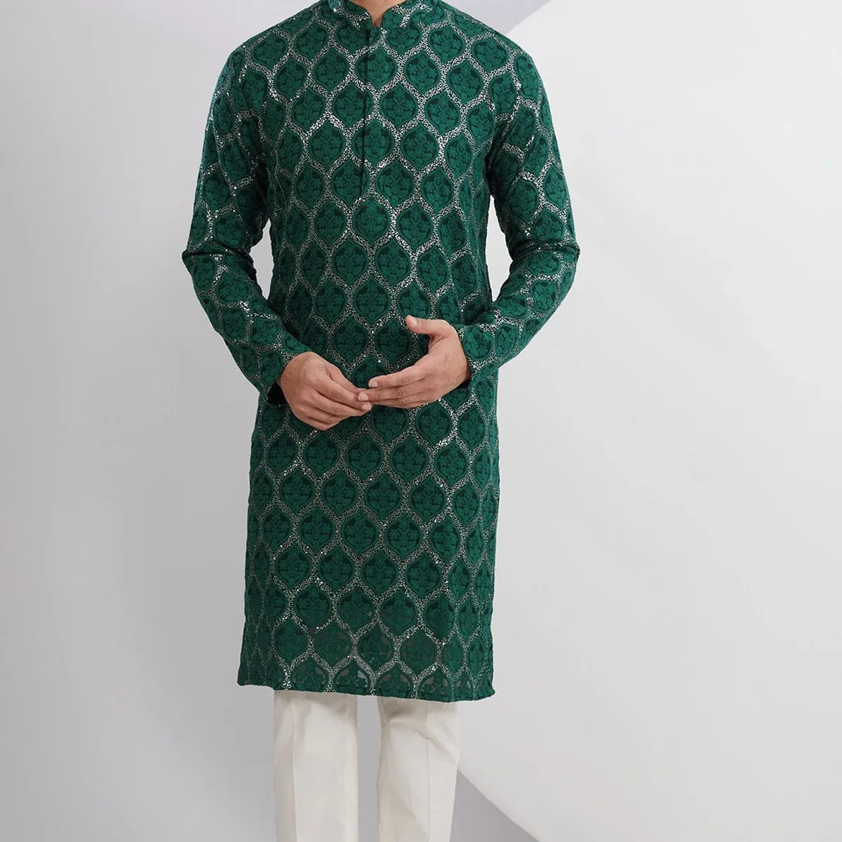 Bottle Green Embroidered Kurta, photo 1 of 4