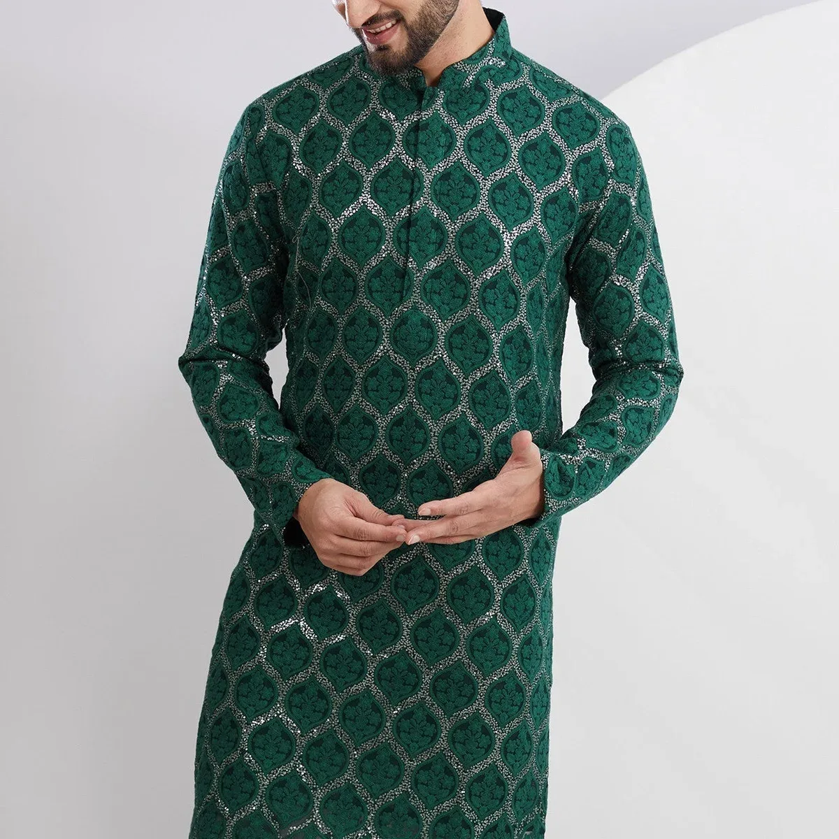 Bottle Green Embroidered Kurta, photo 2 of 4