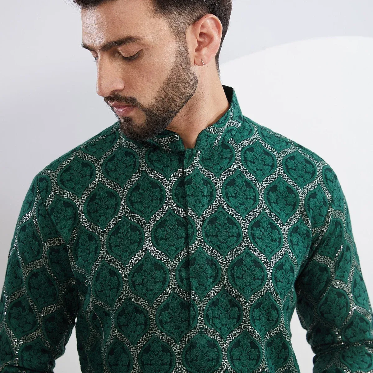 Bottle Green Embroidered Kurta, photo 3 of 4