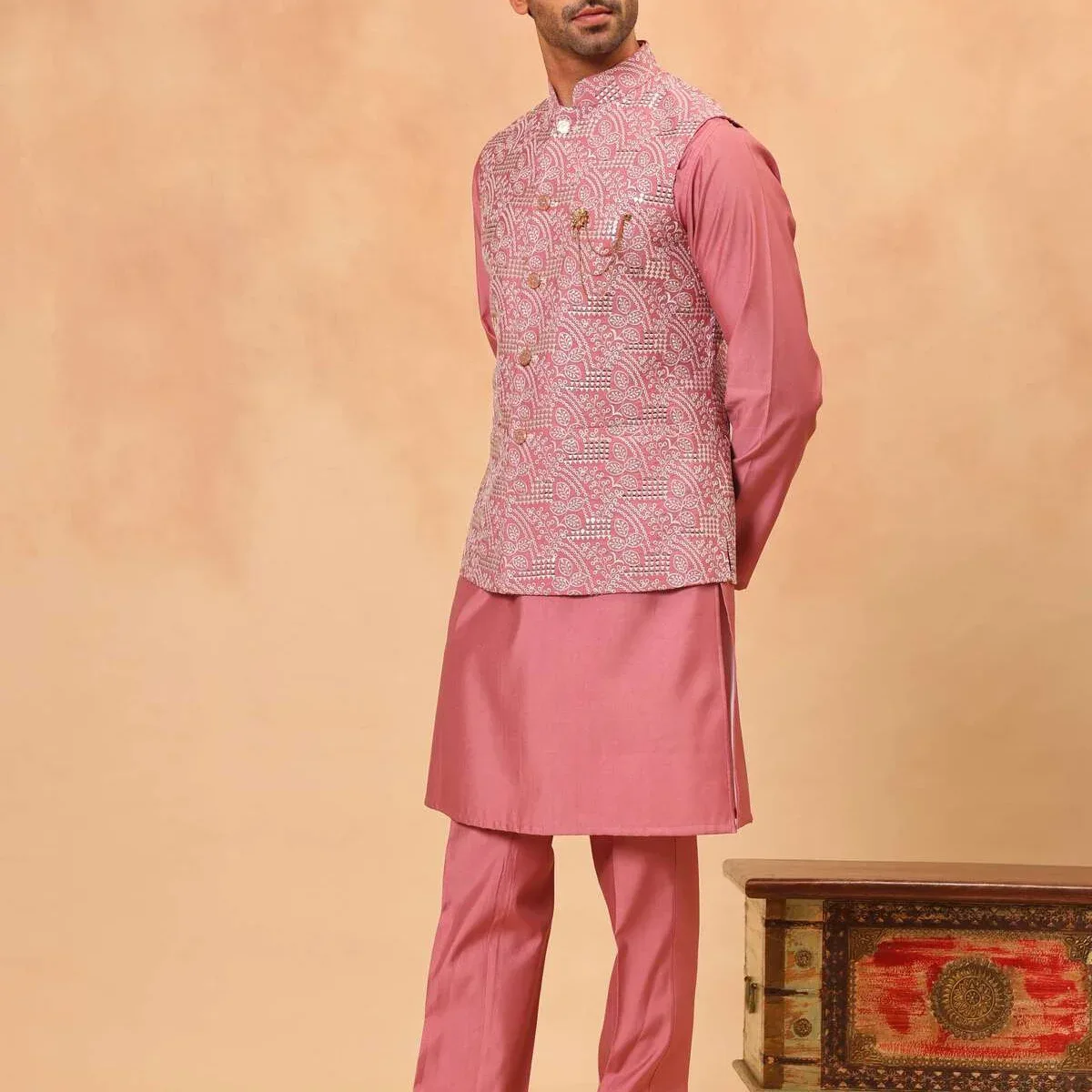 Dark Pink Embroidered Koti Kurta Set for Men, photo 1 of 4