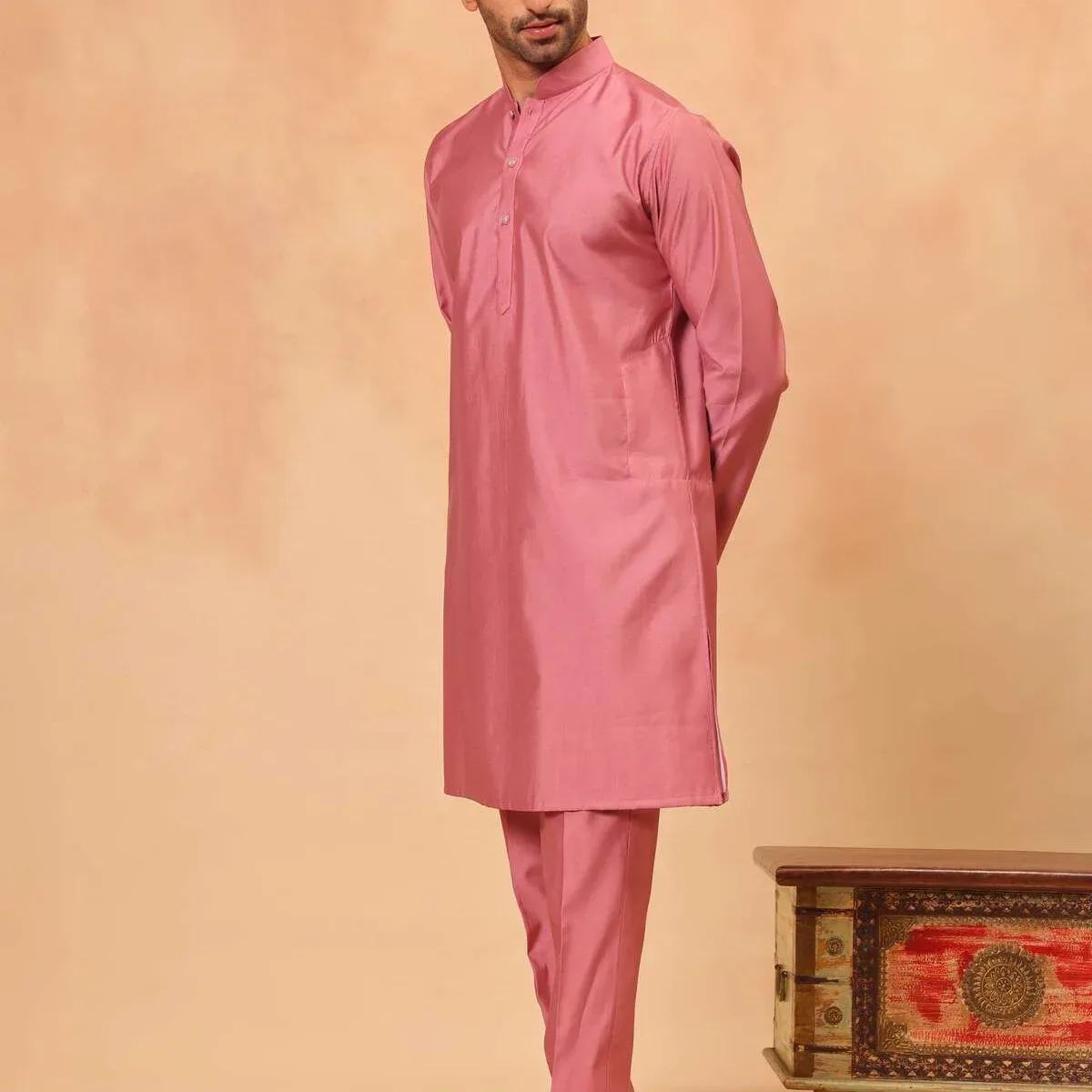 Dark Pink Embroidered Koti Kurta Set for Men, photo 2 of 4